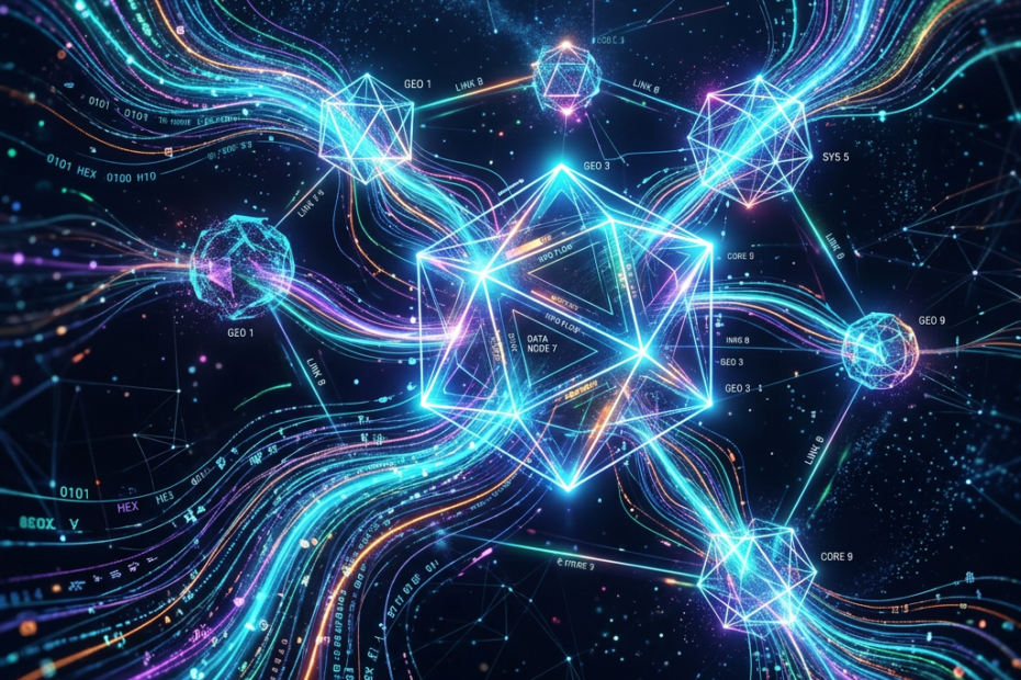 Glowing geometric nodes connected by colorful flowing digital data streams